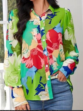 Gomorn Vibrant Floral Colorful Balloon Sleeve Button Up Blouse Boho Size XL